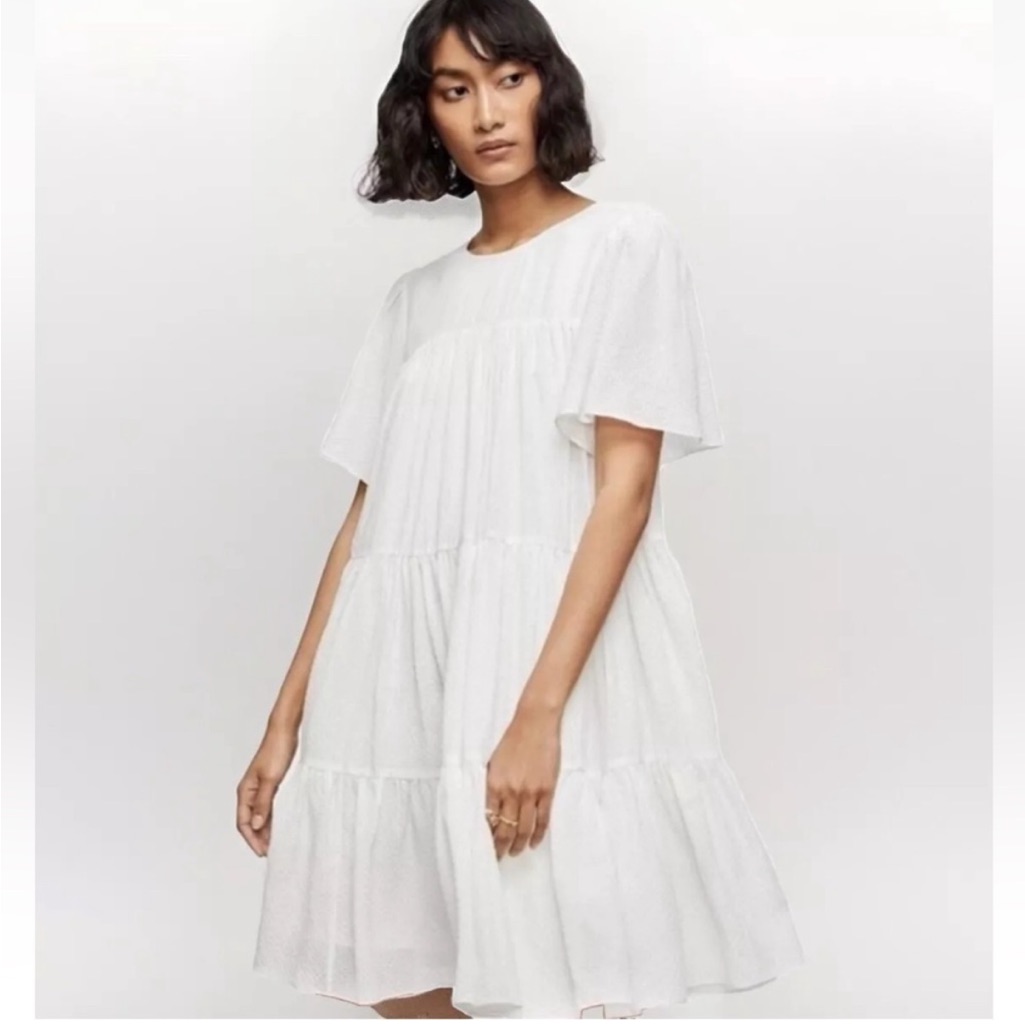 Anine Bing Tabitha Dress Tiered Butterfly Sleeve Seersucker White Check Silk